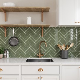 VEELIKE 12 Sheets Herringbone Peel and Stick Backsplash Tile Olive Green Stick on Backsplash Tiles for Kitchen Waterproof Peel and Stick Wall Tiles for Bathroom Shower Wall Fireplace Renter 12''x12''
