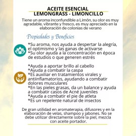 Ayurdeva's Aceite Esencial De Lemongrass 100% Puro Y Original 10ml