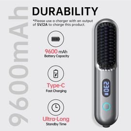 Cordless Hair Straightener Brush - Portable Straightener Brush with 9 Temp Settings, Mini Straightening Comb for Travel, 9600mAh Rechargeable Batt & 224 Million Negative Ions (Metallic Grey)