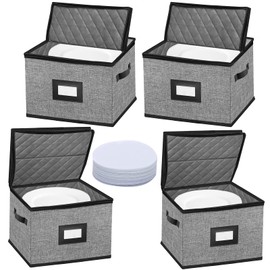 ouruer China Storage Containers-4PACK Quilted Dish Storage Containers with Lid Hard Shell for Moving Transport, Dinnerware,Stackable Plate Storage,24 Felt Plate Dividers Included,12 * 12 * 8in