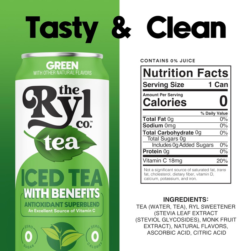Ryl Iced Tea, Green, Antioxidant Superblend, Zero Sugar, Low Carb,