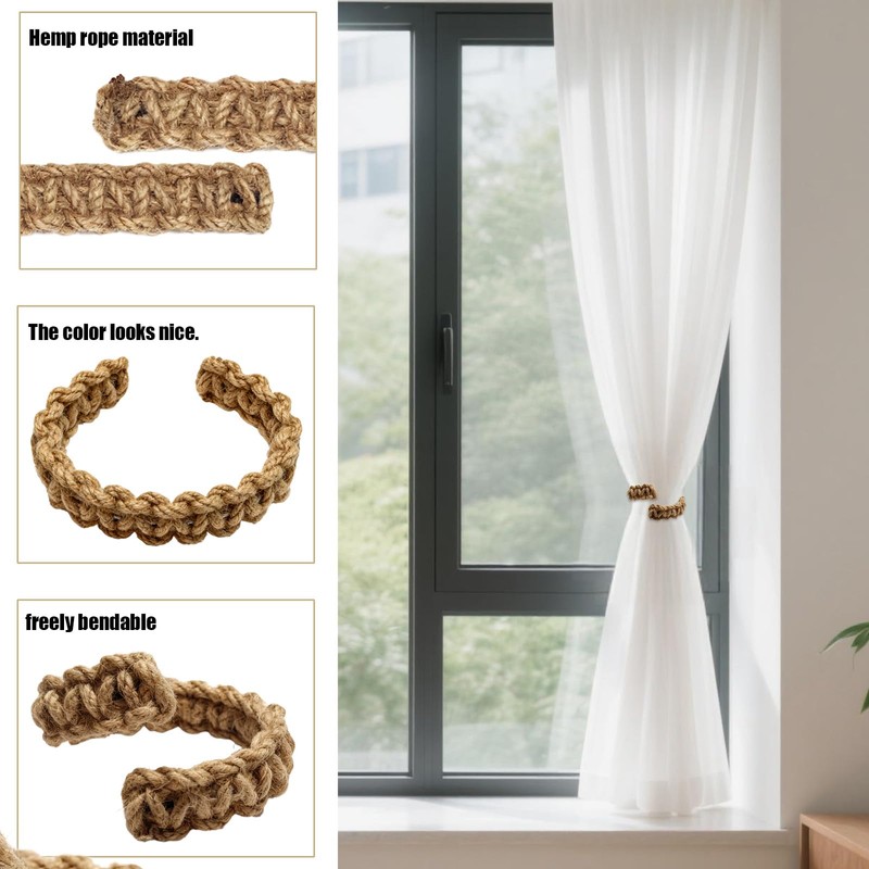 6 Pcs Braided Boho Curtain Tiebacks,Jute Rope Rustic Curtain Tie