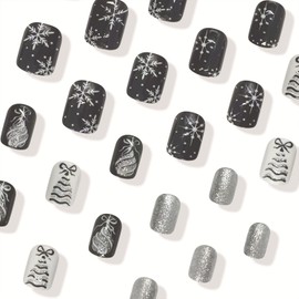 Glitter Christmas Tree Fake Nails Black White Press on Snowflake Short Square Glossy Glue On Acrylic Nails for Women Girls Winter Xmas