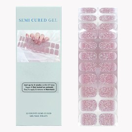 Semi Cured Gel Nail Strips (Glitter Pink Cat Eyes) - Works with Any UV Nail Lamps, Salon-Quality, Long Lasting, Easy to Apply & Remove - Includes Nail File & Wooden Stick, Mother's Day Gift