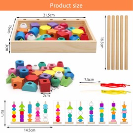 HENGBIRD Threading Game 3-in-1Montessori Toy Sorting Game Motor Skills Toy Wooden Sorting and Stacking Toy Gift Ideas for 3 4 5 Years Children Toy