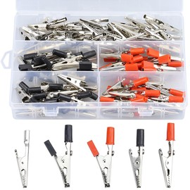 Glvaner Alligator Clips, Test Clamps, 2.0 inches (52 mm), Set of 100 Electrical Test Clamps, Metal Clips, For Laboratory Work, Storage Case, Red + Black