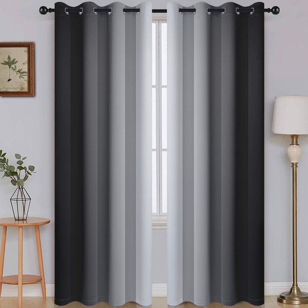 SimpleHome Ombre Room Darkening Curtains for Bedroom, Gradient Black to Grey White Light Blocking Thermal Insulated Grommet Window Curtain/Drapes for Living Room,2 Panels, 52x84 inches Length