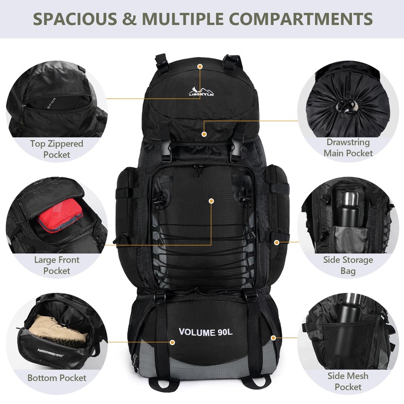 LibSkyln Hiking Backpack, 90L Camping Backpack, Water Resistant Lightweight Outdoor