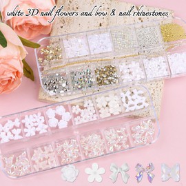 editTime 3D Colorful Flower Nail Art Charms, White Pink Acrylic Cherry Blossom Spring Petal Metal Gold Silver Round Caviar Beads Studs Pearl Rhinestones for Manicure Craft DIY (15-K4-white)