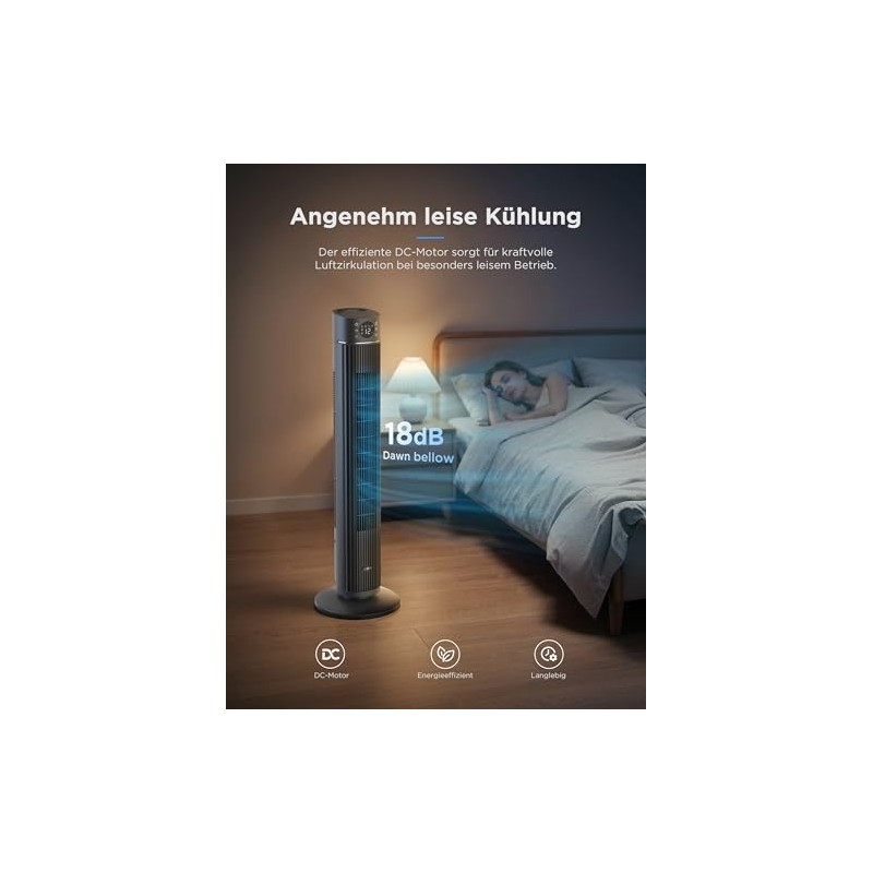 Midea FZ10-26ARDW Smart Quiet Tower Fan with Remote Control, 19
