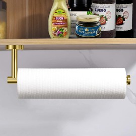 Brushed Gold Paper Towel Holder,Under Kitchen Cabinet Towel Paper Rack,Wall Mounted Round SUS304 Stainless Steel Dispenser for Bathroom Kitchen Tissue Towel Roll,11.8 inch…