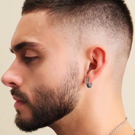 KRKC&CO Hoop Earrings for Men, S925 Sterling Silver, 14K/White Black Gold Plated Hypoallergenic Diamond Earrings, Curved Face, Stripes, Stylish Hip Hop Street-Wear Look for Men Women