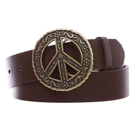 1 1/2" Snap On Belt With Round Perforated Floral Engraving Peace Sign Belt Buckle, Brown | m- 32"~34"