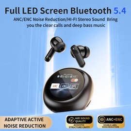 Auriculares inalámbricos Bluetooth 5.4, ENC/ANC, con cancelación de ruido, LED de visualización completa, Smart Touch Heardphones IPX5, impermeables, auriculares estéreo de sonido HiFi para laptop Pad