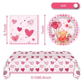 Valentine's Day Tableware Set, 24 Plates and 24 Napkins and Tablecloth86 '' x 51 '', Pink Valentine's Day Heart Party Decorate Supplies