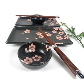 JapanBargain 4699, Japanese Sushi Set Porcelain Sushi Plates Soy Sauce Dipping Bowls and Chopsticks Gift Set, Black and Pink Color Cherry Blossom Pattern, Made in Japan