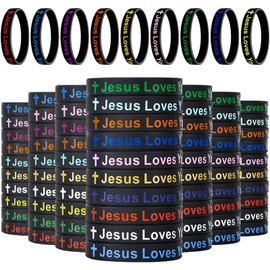 CYCLUSIVE Jesus Loves You Silicone Wristbands Colorful Rubber Bracelets Motivational Rubber Wristbands Christian Bracelets Silicone Inspirational Bracelet for Men Women Party Favors (Black)