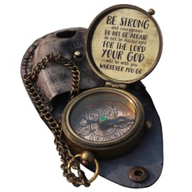 Be Strong and Courageous Joshua 1:9 Engraved Brass Compass with Leather Case | Working Compass, Marine Gift, Keepsake Gift, Birthday Gift, Corporate