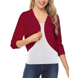 iClosam Women 3/4 Sleeve Cropped Cardigans Open Front Bolero Shrug Knit Sweater Jacket (Large, Wine Red)