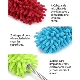 3 Plumero Extensible Para Limpieza, Sacudidor De Polvo Extensible, Plumero Para Polvo, Ideal Para Limpieza De Techos, Automóvil y Oficina, Material Chenille, 28-75 Cm, Colores Rojo, Azul, Verde