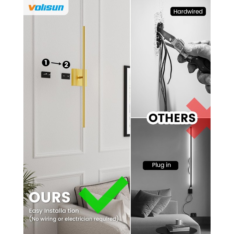 VOLISUN Battery Operated Wall Sconce Set of Two, Gold Rechargeable