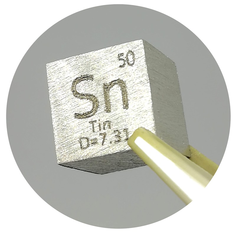 Elemental Specimen Tin Sn (0.4 inch (10 mm) Cube, Engraved