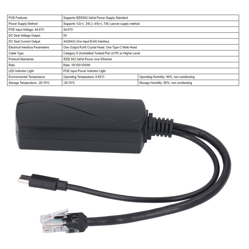 Gigabit PoE Splitter for Pi 5 5B, 5V 4A PoE