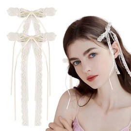 MZLUWM 2Pcs White Lace Hair Bow Clips: Coquette Bows, Ribbon Barrettes, Cute Hair Ties and Styling Accessories - Gifts for Girls