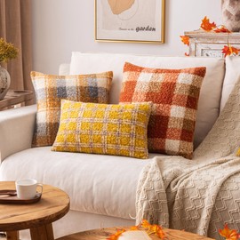 Yellow Plaid Fall Throw Pillow Covers 18x18 Inch Set of 2, Boucle Decorative Pillow Covers,Cozy Fluffy Home Living Room Farmhouse Decor for Sofa Couch Bed