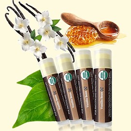 Bálsamo labial orgánico USDA de Earth's Daughter, paquete de 4 – sabor a vainilla, cera de abejas, aceite de coco, vitamina E – mejor barra de reparac