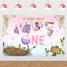 SHADOAMP Ofishally One Birthday Themed Backdrop 5x3ft First Fishing Birthday Decoration Banner Vinyl Background for Girls Gone Fishing 1st One Year Old Bday Photography Props Party Supplies