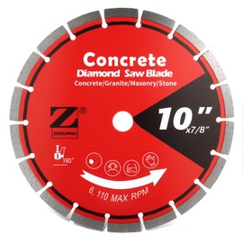 ZORUNNA 10 Inch Diamond Concrete Saw Blade, 1/4" Segment Width Wet Tile Saw, 7/8" Arbor for Dry/Wet Cutting Granite Masonry Brick Block