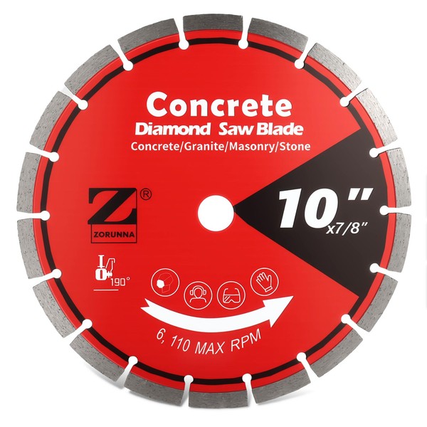ZORUNNA 10 Inch Diamond Concrete Saw Blade, 1/4" Segment Width