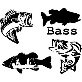 MAF - 4 Pack BASS Fish Jumping, Large Mouth Bass, Bass Fishing Boat, Detailed Jumping Bass (Black, Small ~3.5") Vinyl Decal Sticker for Cars LAPTOPS Walls Windows Toolbox Gift