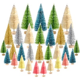 KUUQA 38Pcs Multicolor Mini Sisal Trees Bottle Brush Trees Mini Pine Trees with Wood Base Snow Frosted Trees Winter Snow Ornaments Tabletop Trees for Christmas Decorations Diorama Models