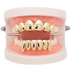 Psivika Gold Plated Shiny Hip Hop Teeth Grillz Caps Iced Out CZ Top and Bottom Vampire Fangs Grillz for Men and Women (Gold)