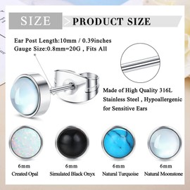 ADRAMATA 4 Pairs Stainless Steel Stud Earrings Moonstone Earrings Turquoise Earrings Opal Stud Earrings Black Onyx Stud Earrings for Women, Stainless Steel