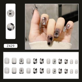 Stick on Nails Short Square, 24Pcs Full Cover Reusable False Nails, Press on Fingernails for Women, Artificial Acrylic Fake Nails with Designs, Glue on Nails Coffin Square Shape (Z429)