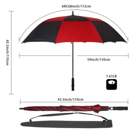 Doubwell golf umbrella large oversize 68 inches air vent double canopy windproof automatic straight rain umbrellas for men and women (black/Dark red)