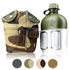 Water Bottle 1 Litre Aluminium/, German Armed Forces Bottle Travel Bottle + Fabric + Drinking Cup Cooking Holder Bag Army Green/Camouflage Ganzoo