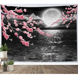 LB Pink Cherry Blossom Tapestry Full Moon with Grey Cloud in Night Sky Wall Tapestry Black Ocean Scenery Tapestries for Bedroom Living Room Dorm Wall Decor,60x40 inches