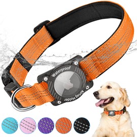 LZXLXS AirTag Dog Collar, IPX8 Waterproof Air Tag Dog Collar Holder, Luminous, Reflective, Durable, Comfortable Padded GPS Collars for Small Medium Large Dogs, Orange, S