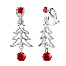 XGALBLA Cute Christmas Tree Shape Clip on Earrings for Women Stainless Steel Clip Xmas Red Crystal Christmas Tree Drop Dangle Earrings Non Pierced Silver tone