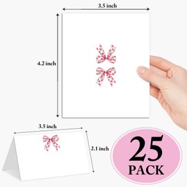 Cherry Pink Bow Place Cards, Set of 25 Tent Name Cards for Table Setting, Food Label for Wedding, Baby Shower, Birthday Dinner Party Supplies -017