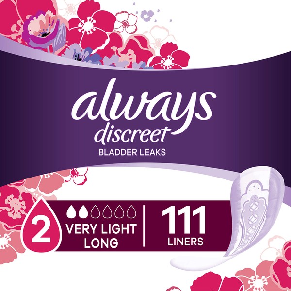 Always Discreet Incontinence Liners for Women, Very Light Absorbency, 222 Count, Long Length (111 Count, Pack of 2-222 Count Total)