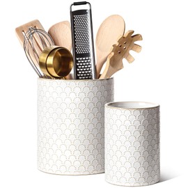 LE TAUCI Utensil Holder, 7.1"+5.4" Ceramic Kitchen Utensil Holder for Counter top, Embossed Cooking Utensil Organizer for Spatula & Spoon, Kitchen Decor, Set of 2, Arctic White, Fireworks