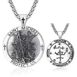 QCFL Saint Michael Necklace for Men Sterling Silver St Michael Medal Pendant for Men Big Amult Pendant Protection Jewelry Religious Necklace Gifts