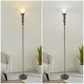 Torchiere Floor Lamps for Living Room & Bedroom – Stand Up Lamp with Corner Floor Lamp Design – Traditional Iron Scroll 70" Tall Alabaster Glass Bowl Shade (Brown)
