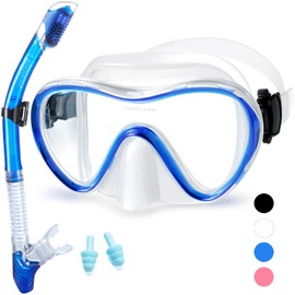 Supertrip Dry Snorkelling Set with Anti-Fog Diving Goggles - Panoramic Field of View - Hardened Waterproof Lenses - Snorkelling Goggles, Diving Set for Unisex Adults, blue