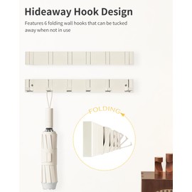 RIXIGOOD Coat Rack Wall Mount with 6 Hooks, Folding Coat Hooks for Wall Coat Rack Bathroom Shower Entryway Closet Hideaway Hook for Hanging Towel Clothes Hat Purse Key Hanger Creamy White 1 Pack